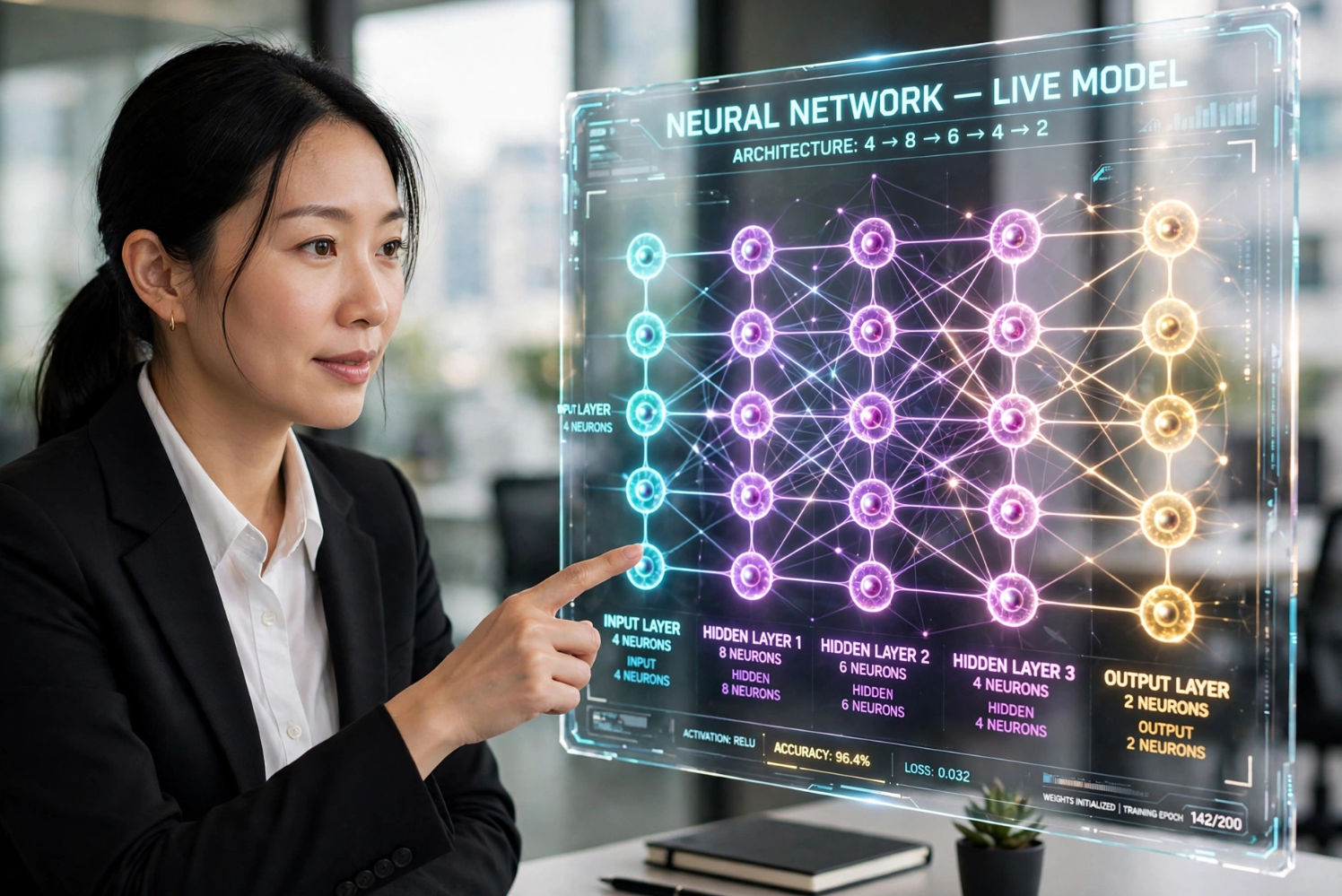 Engineer presenting a live neural network model on a holographic display